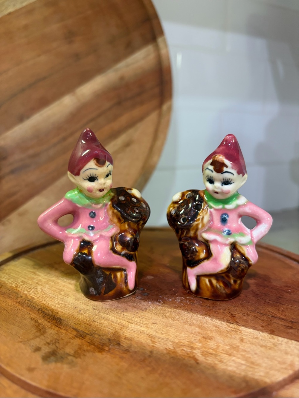 Vintage Japan Pink Elf Figurine Salt and Pepper Shakers - Set of 2